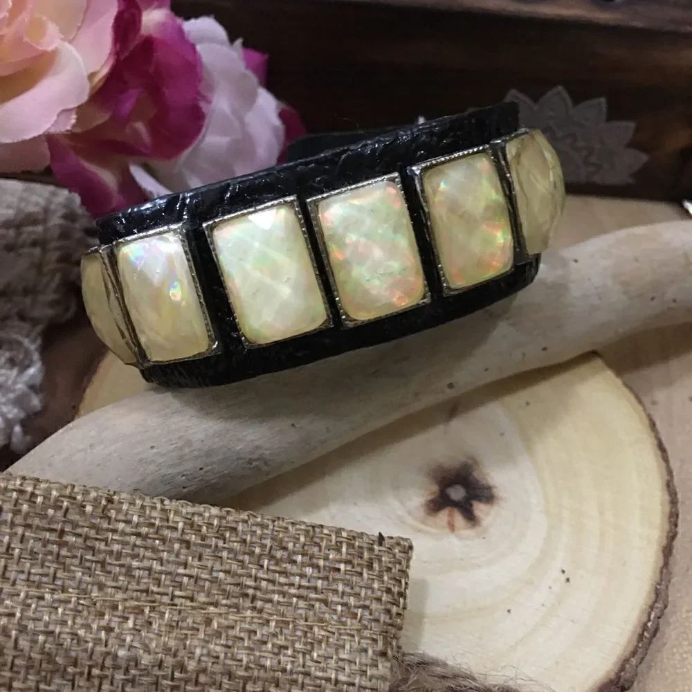 pearlescent and black leather snap cuff bracelet